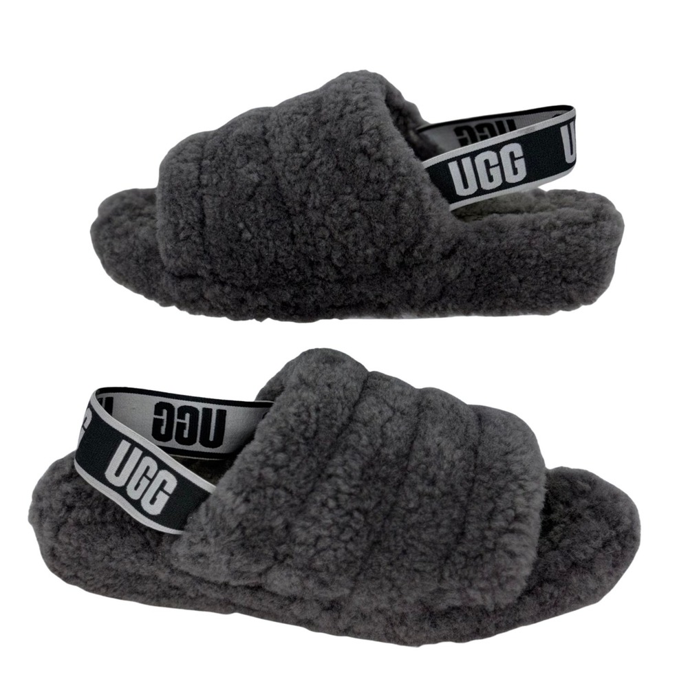 UGG‎ Fluff Yeah Slide Slippers Women's Charcoal Shearling Slingback Est 9 Cozy